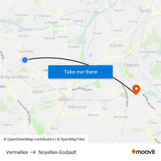 Vermelles to Noyelles-Godault map