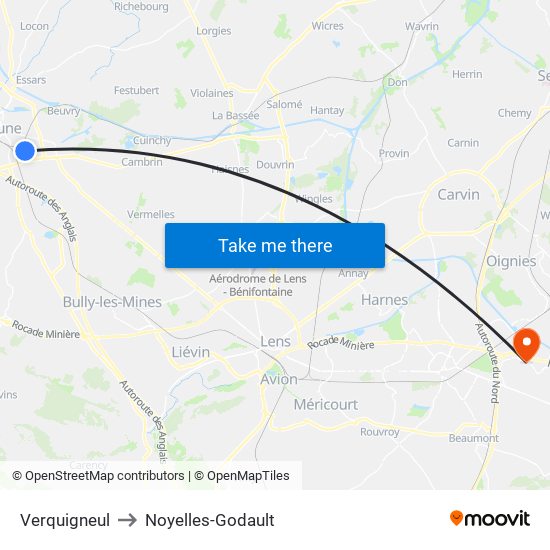 Verquigneul to Noyelles-Godault map