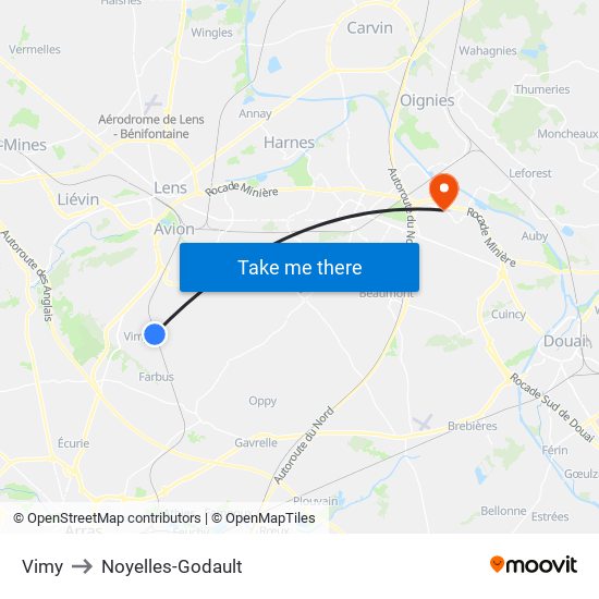 Vimy to Noyelles-Godault map