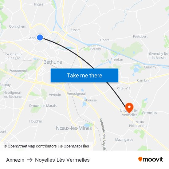 Annezin to Noyelles-Lès-Vermelles map