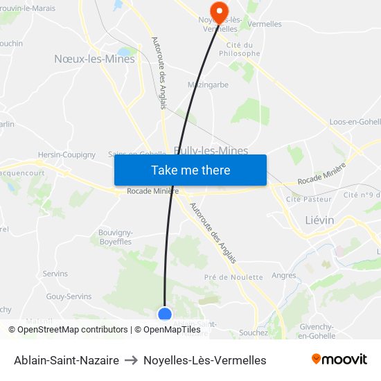 Ablain-Saint-Nazaire to Noyelles-Lès-Vermelles map