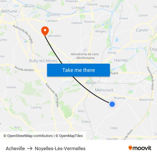 Acheville to Noyelles-Lès-Vermelles map