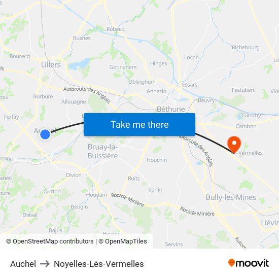 Auchel to Noyelles-Lès-Vermelles map