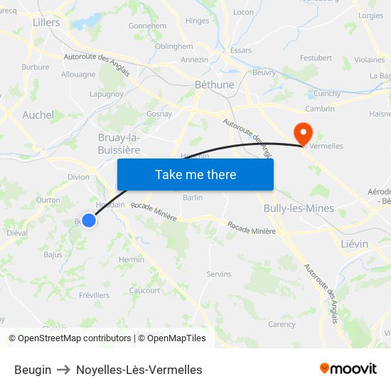 Beugin to Noyelles-Lès-Vermelles map