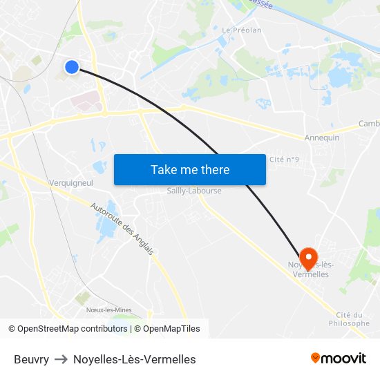 Beuvry to Noyelles-Lès-Vermelles map