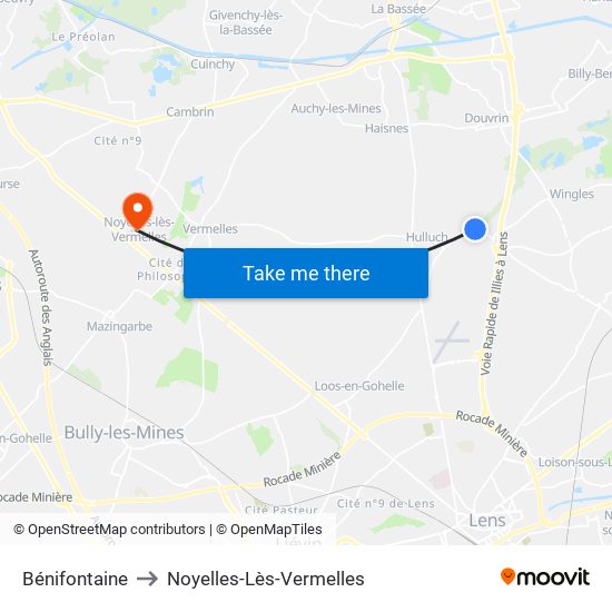 Bénifontaine to Noyelles-Lès-Vermelles map