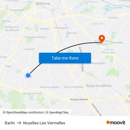 Barlin to Noyelles-Lès-Vermelles map