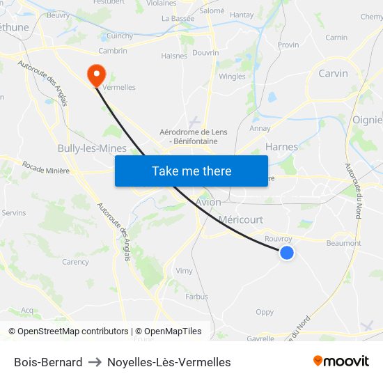 Bois-Bernard to Noyelles-Lès-Vermelles map