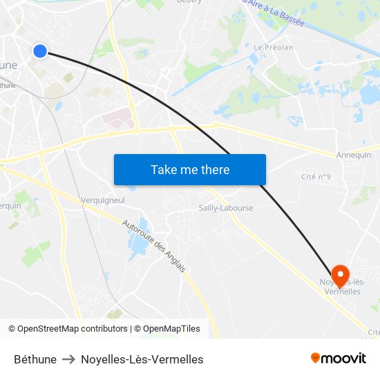 Béthune to Noyelles-Lès-Vermelles map