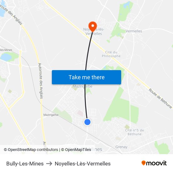 Bully-Les-Mines to Noyelles-Lès-Vermelles map