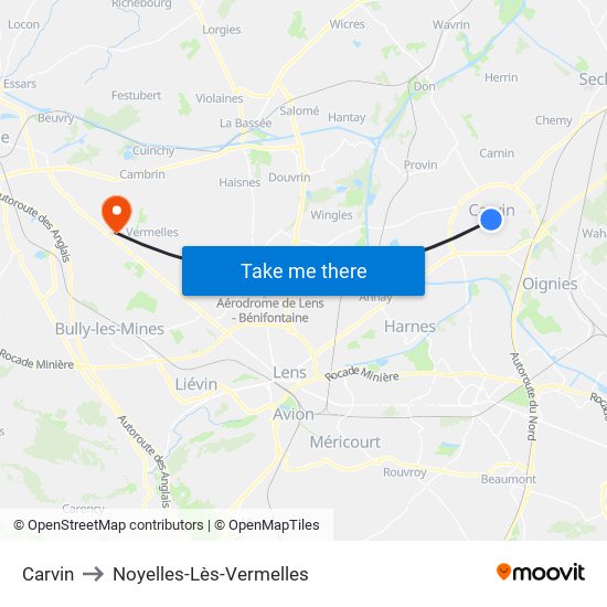 Carvin to Noyelles-Lès-Vermelles map