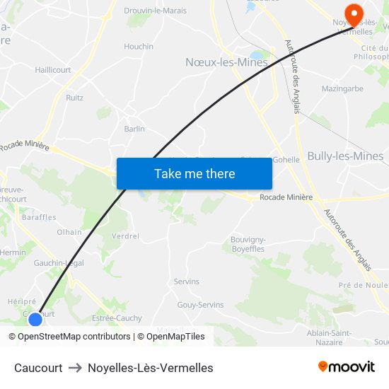 Caucourt to Noyelles-Lès-Vermelles map