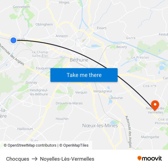 Chocques to Noyelles-Lès-Vermelles map