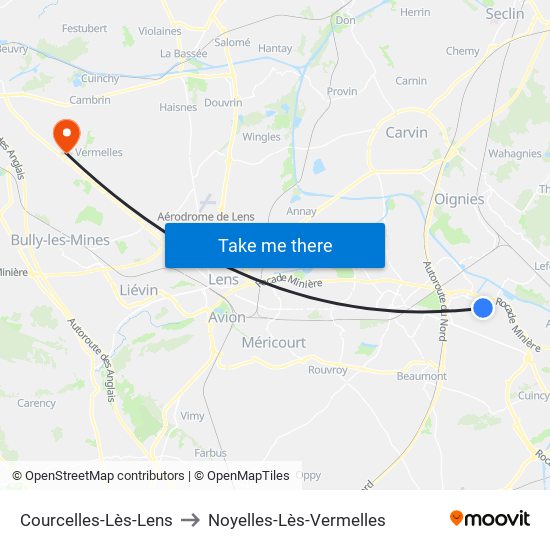 Courcelles-Lès-Lens to Noyelles-Lès-Vermelles map