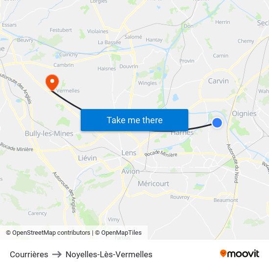Courrières to Noyelles-Lès-Vermelles map