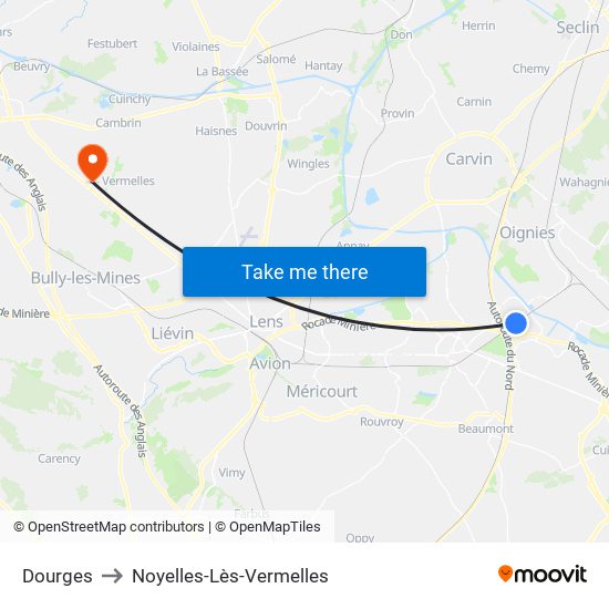 Dourges to Noyelles-Lès-Vermelles map