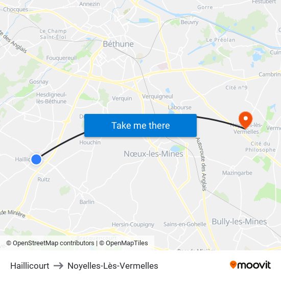 Haillicourt to Noyelles-Lès-Vermelles map