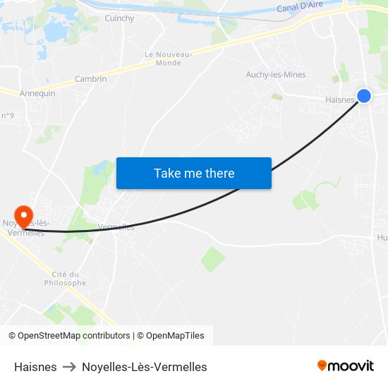 Haisnes to Noyelles-Lès-Vermelles map