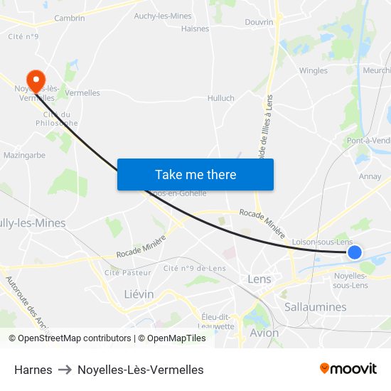 Harnes to Noyelles-Lès-Vermelles map