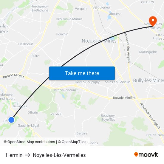 Hermin to Noyelles-Lès-Vermelles map