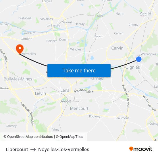 Libercourt to Noyelles-Lès-Vermelles map