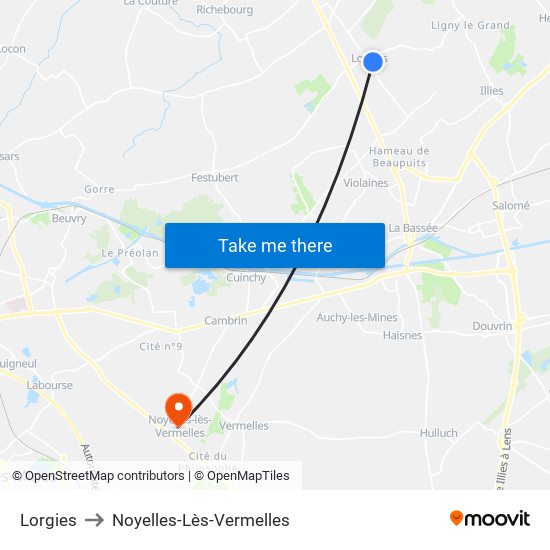 Lorgies to Noyelles-Lès-Vermelles map