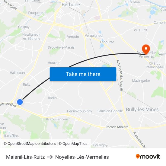 Maisnil-Lès-Ruitz to Noyelles-Lès-Vermelles map