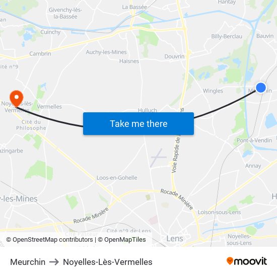 Meurchin to Noyelles-Lès-Vermelles map