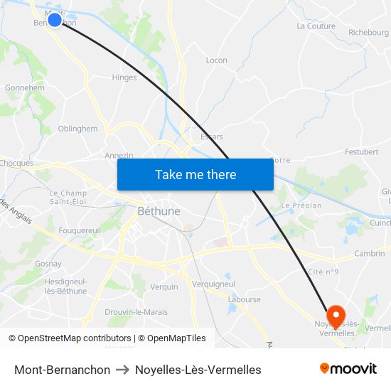 Mont-Bernanchon to Noyelles-Lès-Vermelles map