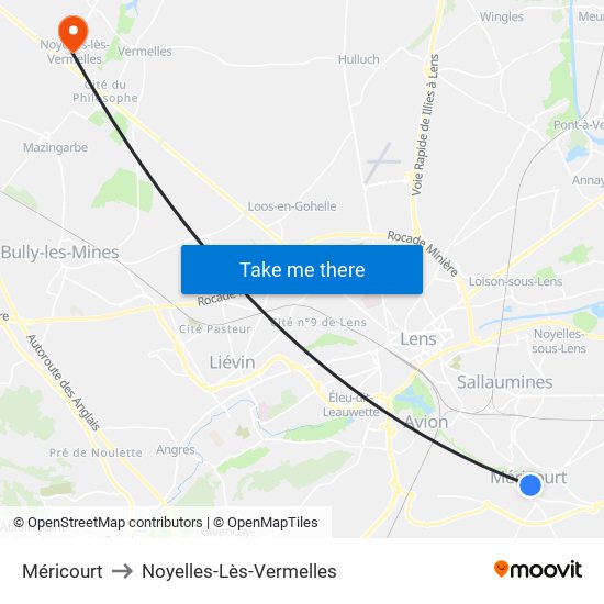 Méricourt to Noyelles-Lès-Vermelles map