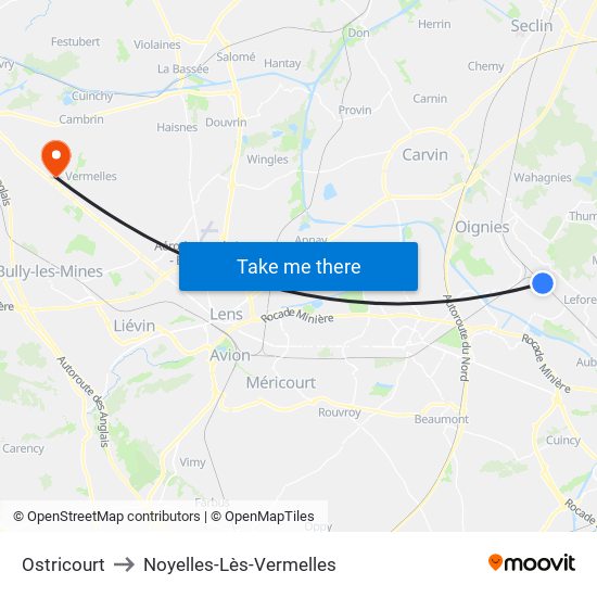 Ostricourt to Noyelles-Lès-Vermelles map