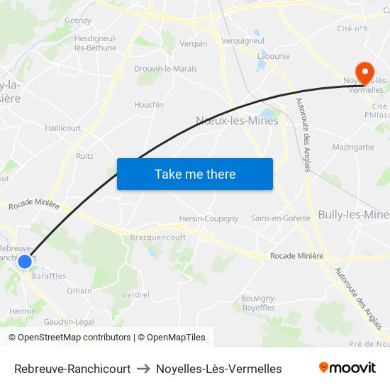 Rebreuve-Ranchicourt to Noyelles-Lès-Vermelles map