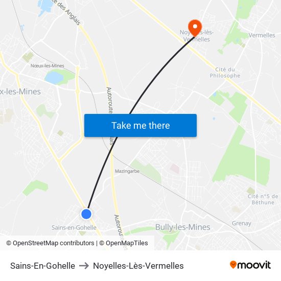 Sains-En-Gohelle to Noyelles-Lès-Vermelles map