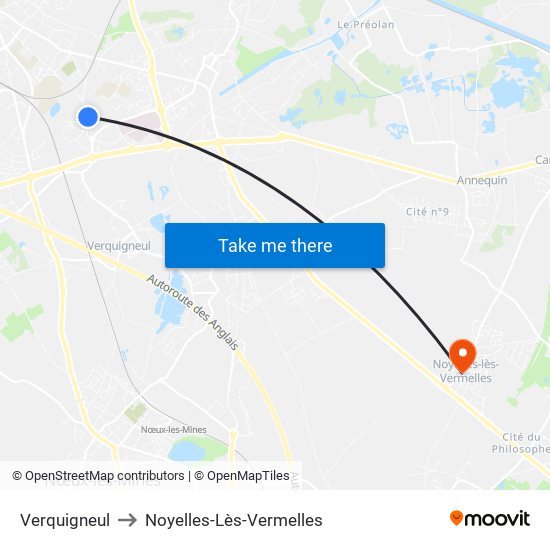 Verquigneul to Noyelles-Lès-Vermelles map