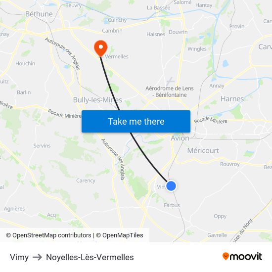 Vimy to Noyelles-Lès-Vermelles map