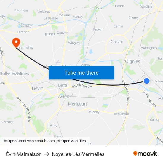 Évin-Malmaison to Noyelles-Lès-Vermelles map