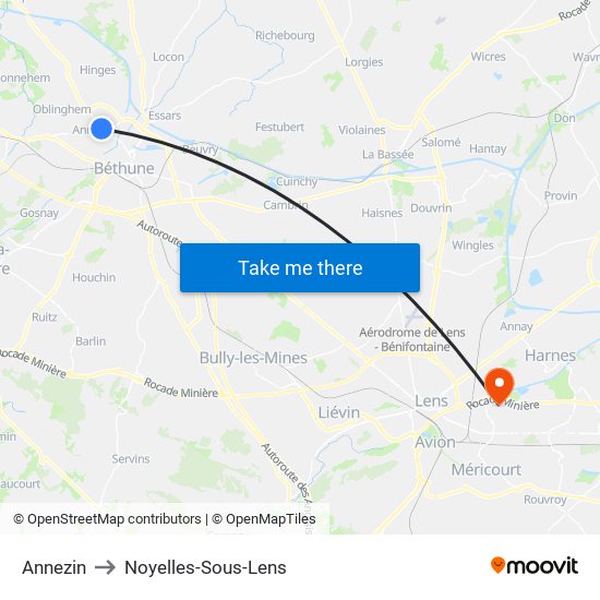 Annezin to Noyelles-Sous-Lens map