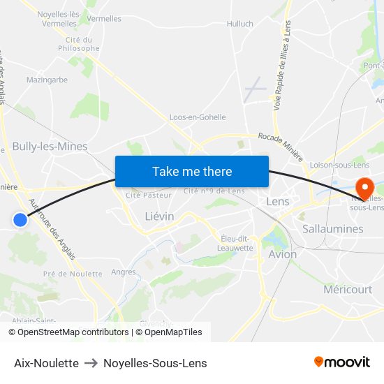 Aix-Noulette to Noyelles-Sous-Lens map