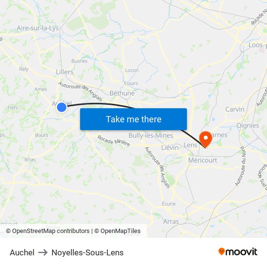 Auchel to Noyelles-Sous-Lens map