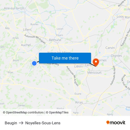 Beugin to Noyelles-Sous-Lens map