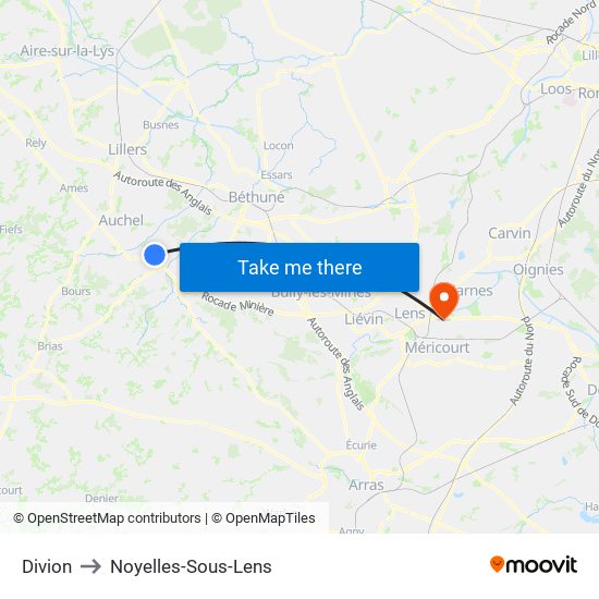 Divion to Noyelles-Sous-Lens map