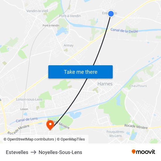 Estevelles to Noyelles-Sous-Lens map