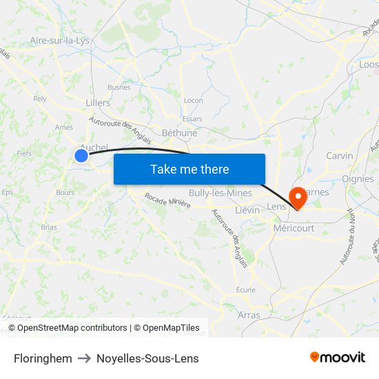 Floringhem to Noyelles-Sous-Lens map