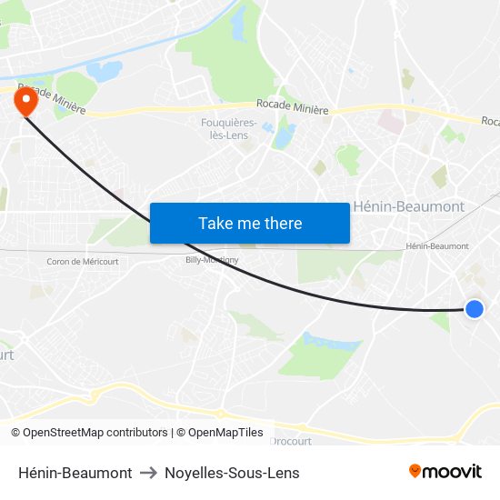 Hénin-Beaumont to Noyelles-Sous-Lens map