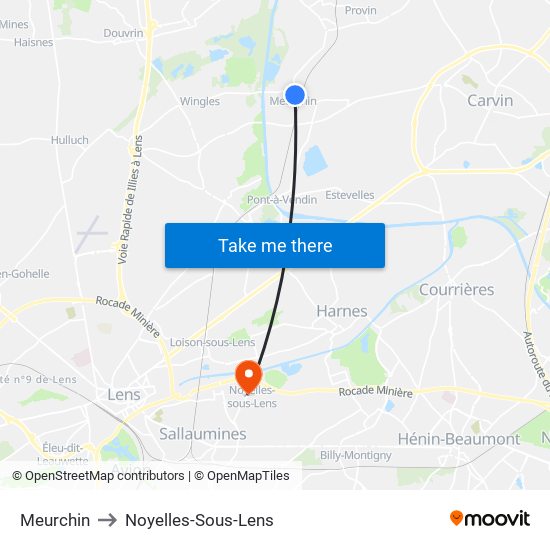 Meurchin to Noyelles-Sous-Lens map