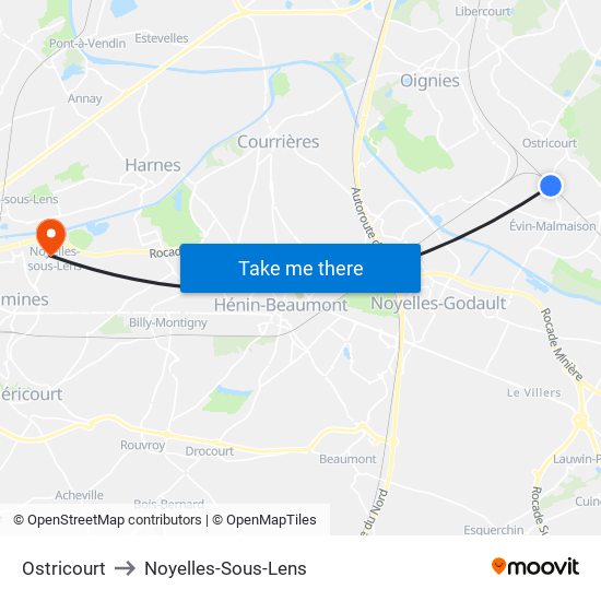 Ostricourt to Noyelles-Sous-Lens map