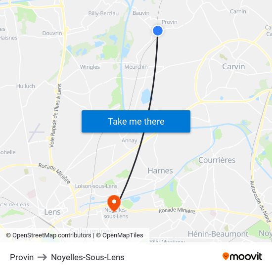 Provin to Noyelles-Sous-Lens map