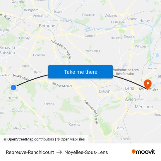 Rebreuve-Ranchicourt to Noyelles-Sous-Lens map