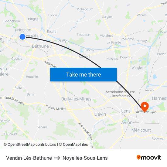 Vendin-Lès-Béthune to Noyelles-Sous-Lens map