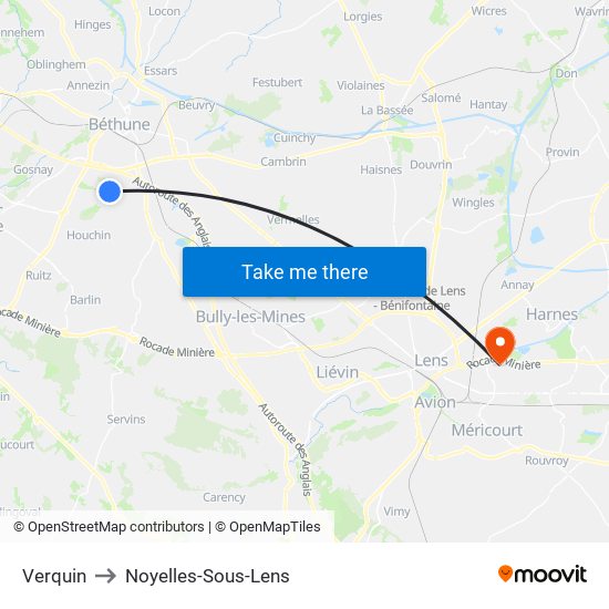 Verquin to Noyelles-Sous-Lens map